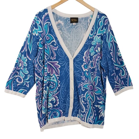 Bob Mackie, 1X Cardigan, Blue Floral Print, 3/4 Sleeve, V Neck, Button Down - Picture 3 of 16